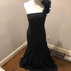 Navy blue gown with ruffles one shoulder strap